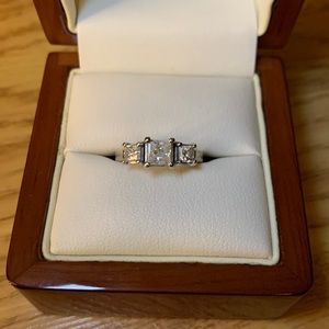 Size 6.5 engagement ring, 3 stone princess square cut, white gold